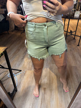 Load image into Gallery viewer, RISEN PEYTON OLIVE GREEN DISTRESSED SHORTS