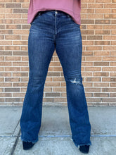 Load image into Gallery viewer, JUDY BLUE JESSIE DARK-WASH MID RISE DISTRESSED FLARE