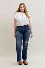 Load image into Gallery viewer, JUDY BLUE JESSIE DARK-WASH MID RISE DISTRESSED FLARE