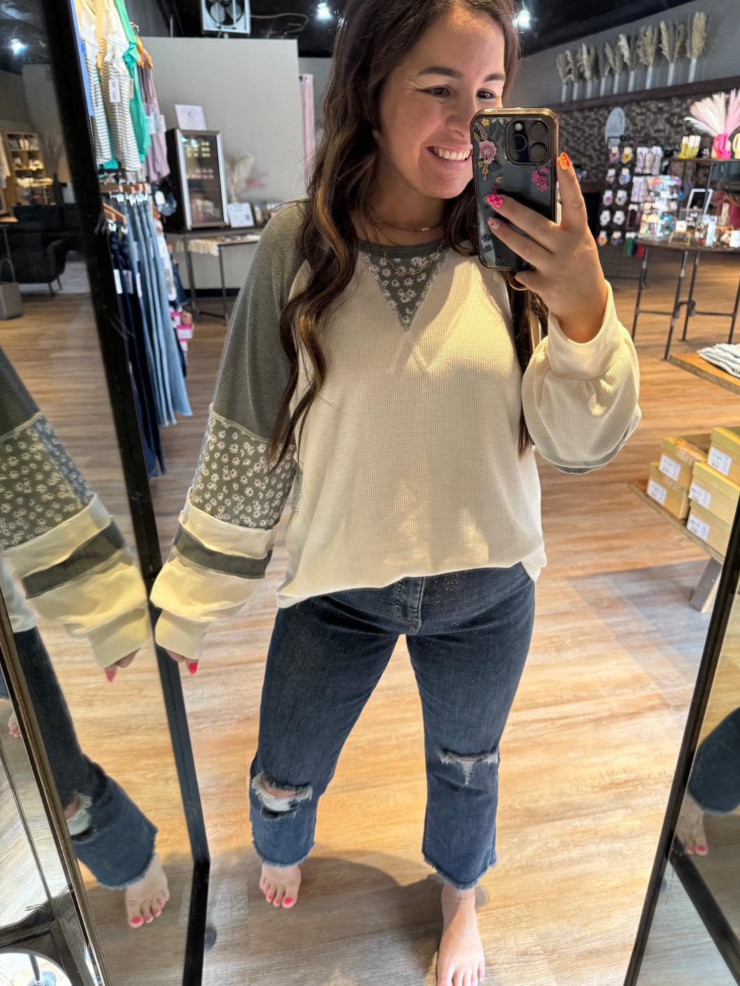 FLORAL + OLIVE COLOR BLOCK TOP