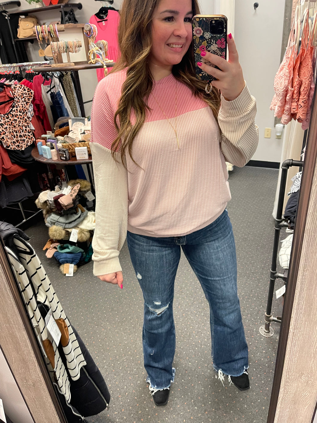 PINK COLORBLOCK RIBBED TOP