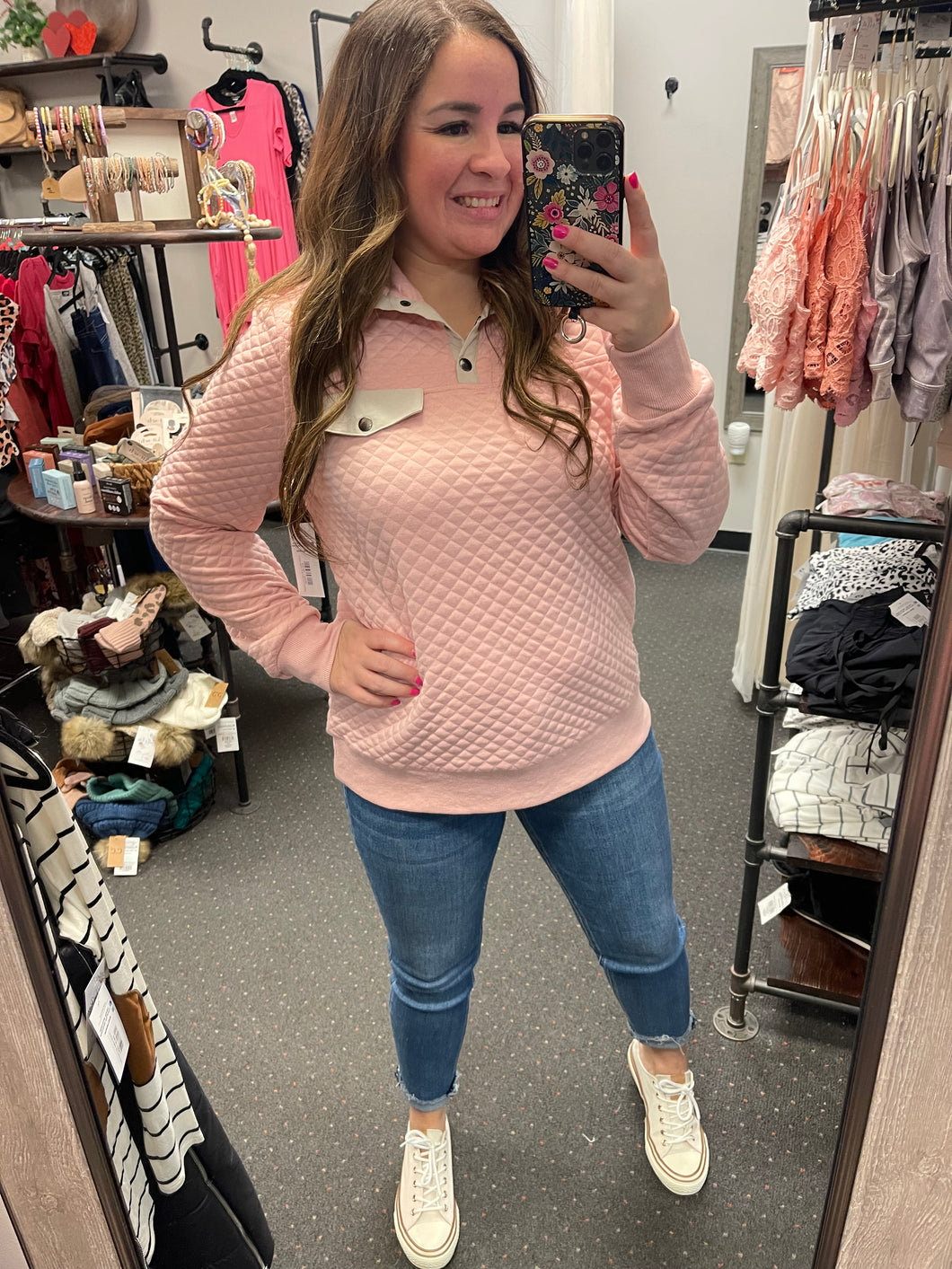 LIGHT PINK QUILTED PULLOVER