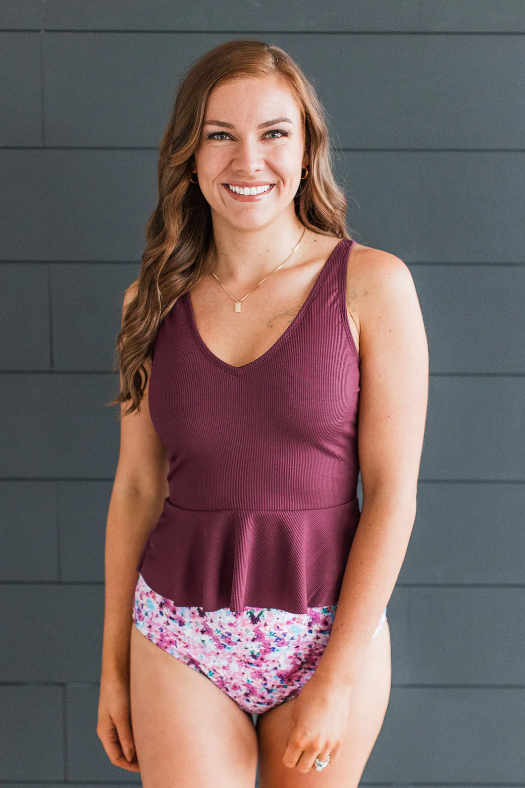 OCEAN BREEZE PEPLUM TANKINI SWIM TOP-PLUM RIBBED