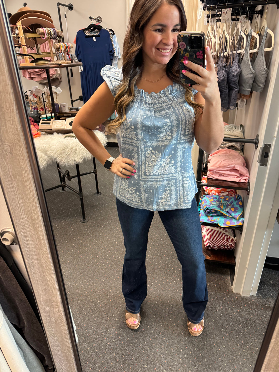 BLUE MEADOW RUFFLE TOP