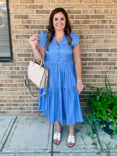 Load image into Gallery viewer, TIERED FLUTTER SLEEVE CHAMBRAY MIDI DRESS
