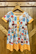 Load image into Gallery viewer, BACK TO SCHOOL TWIRL DRESS WITH YELLOW AND WHITE POLKA DOT TRIM
