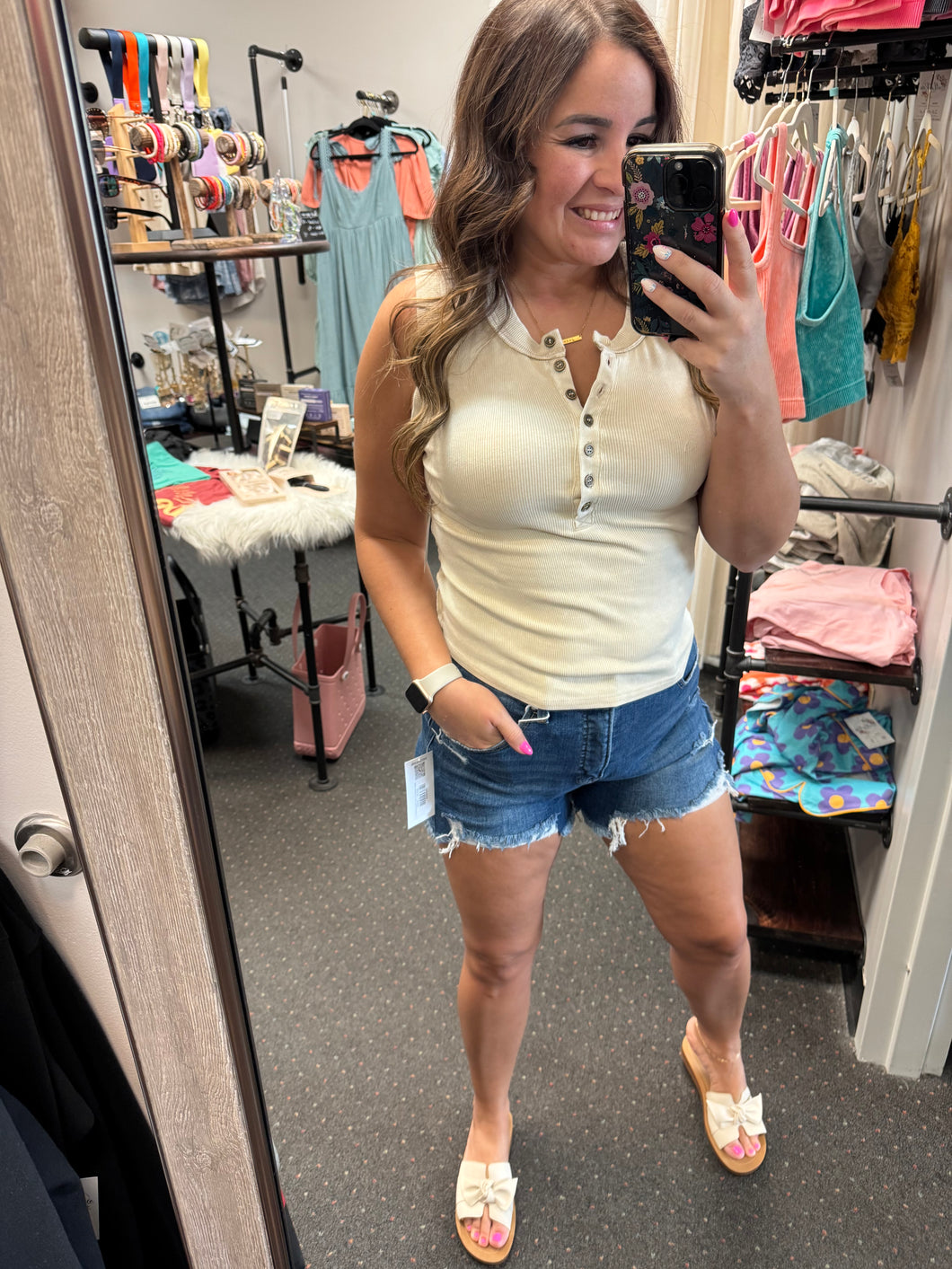 KHAKI RIBBED HALF BUTTON UP TANK