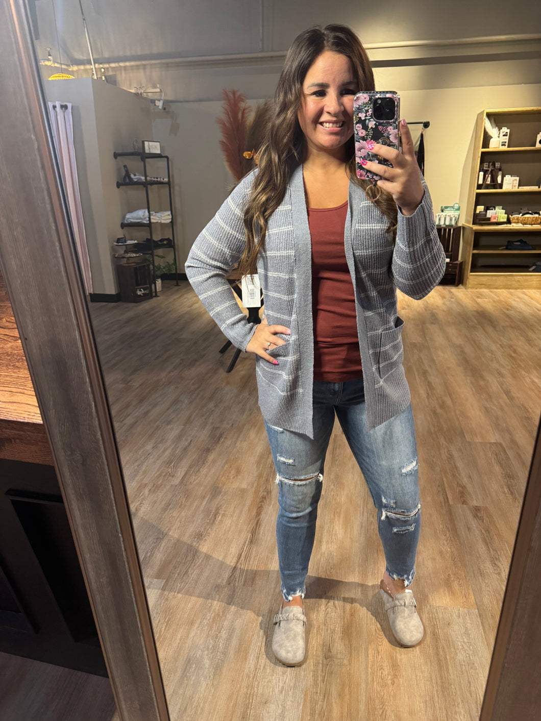 KATHY GREY & WHITE STRIPED CARDIGAN