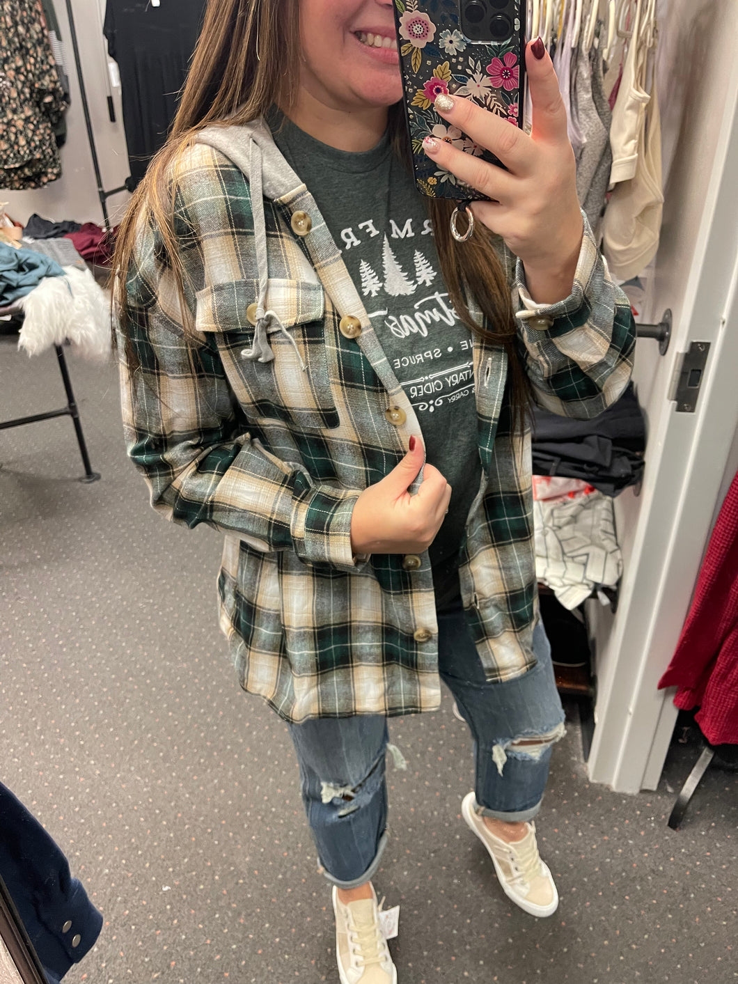 GREEN PLAID SHACKET WITH HOOD