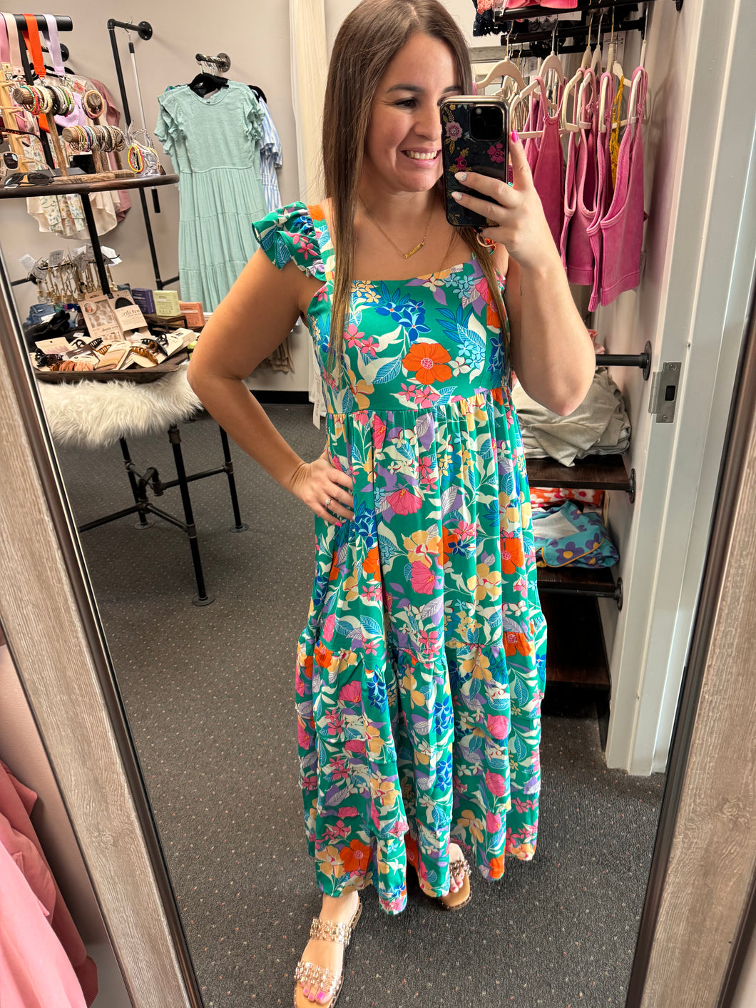 GREEN FLORAL TIERED MAXI DRESS