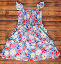 Load image into Gallery viewer, RED WHITE AND BLUE FLORAL SMOCKED DRESS
