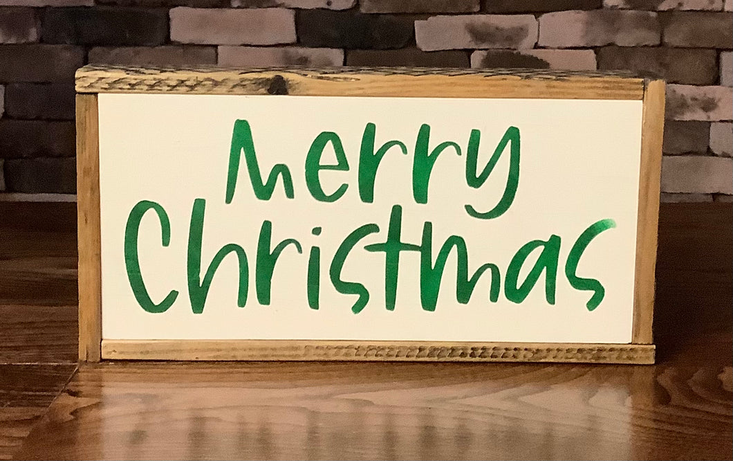WHITE WITH GREEN LETTERS 6 1/8” X 11 1/8” MERRY CHRISTMAS SIGNS