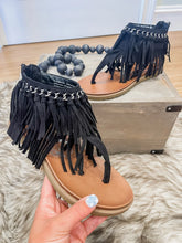 Load image into Gallery viewer, VERY G BLACK FRINGE SANDALS
