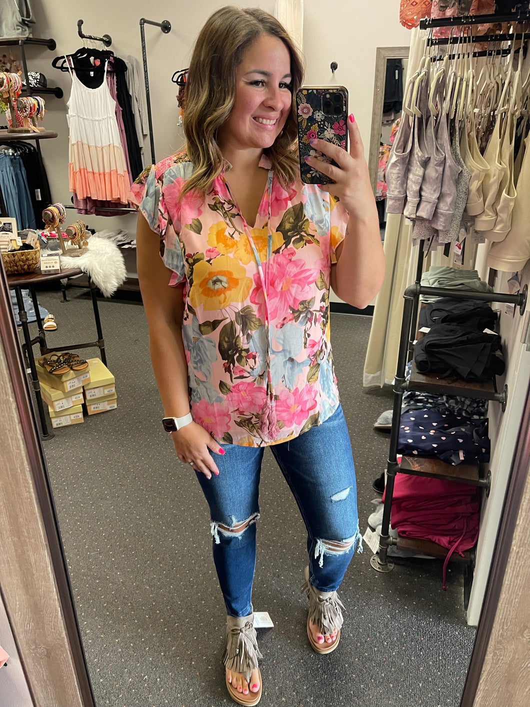 GARDEN FLOWER PINK FLUTTER SMOCKED SLEEVE TOP