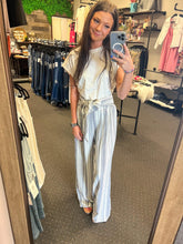 Load image into Gallery viewer, GREY &amp; WHITE STRIPE WIDE LEG PANTS
