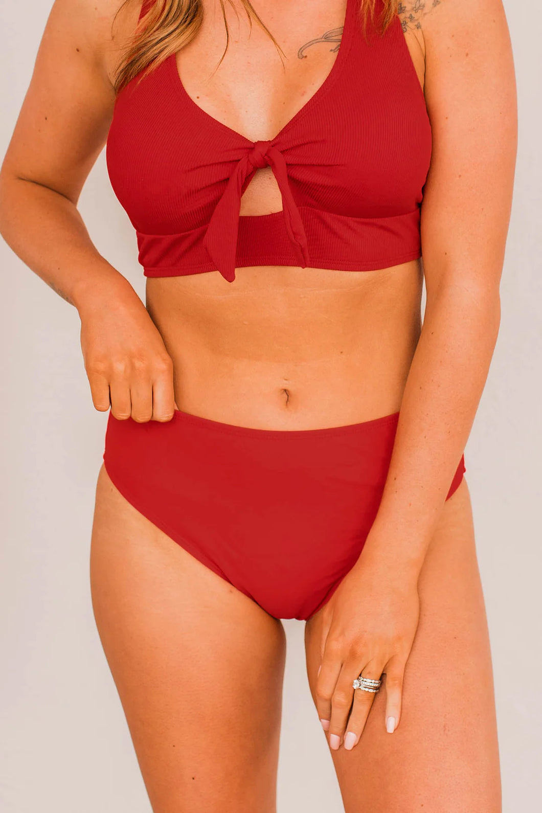 BASK IN THE SUN MID RISE SWIM BOTTOMS- RED
