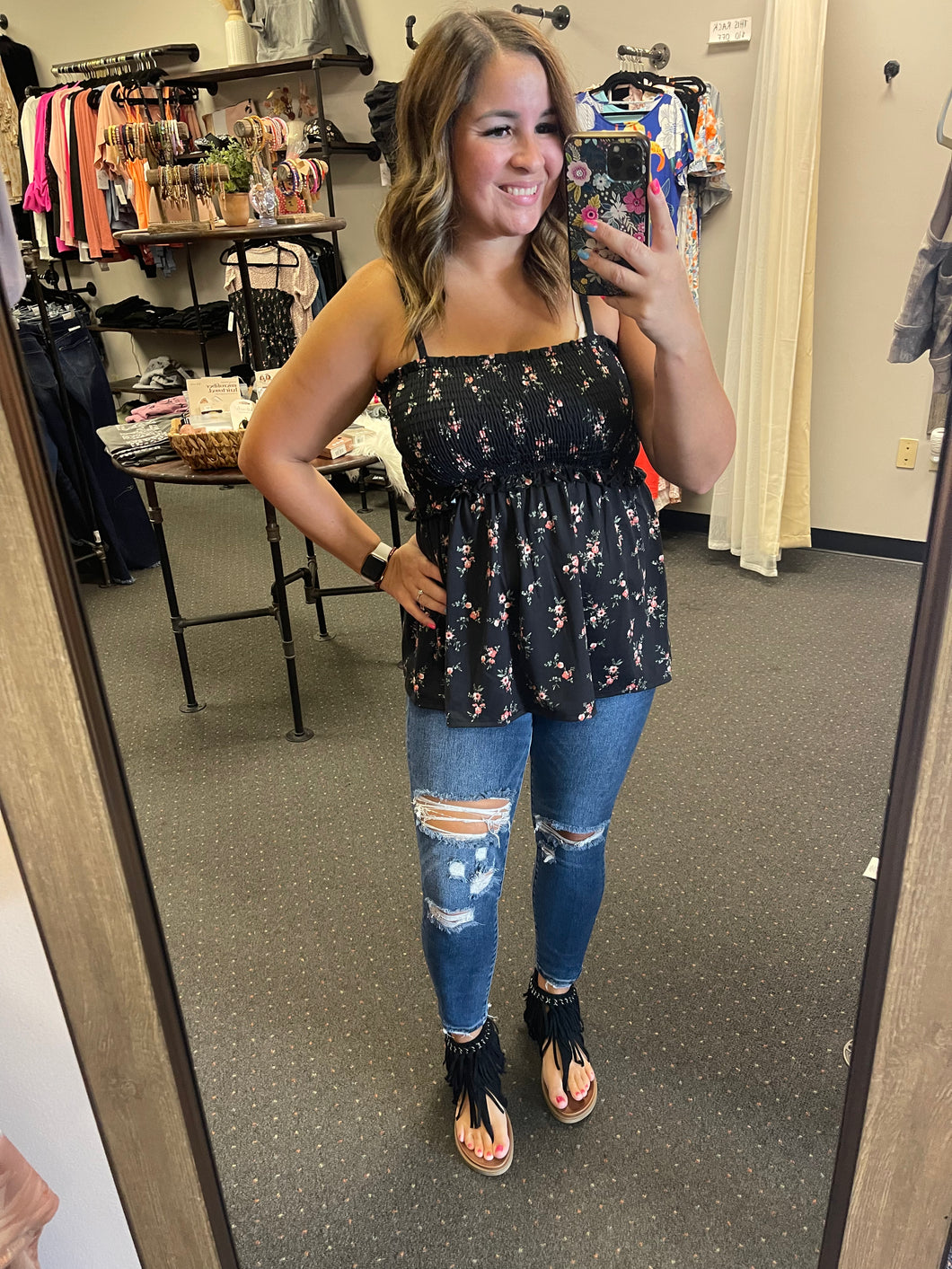 BLACK FLORAL SMOCKED TANK