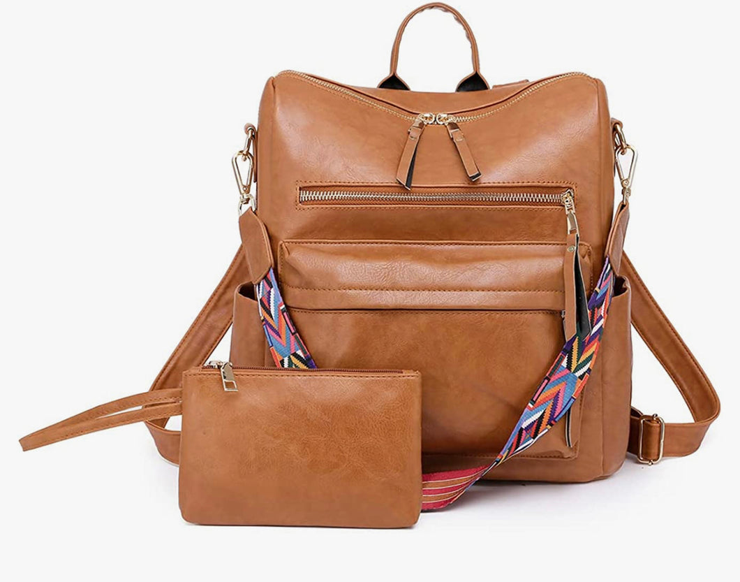 BROWN BACKPACK PURSE WITH WRISTLET