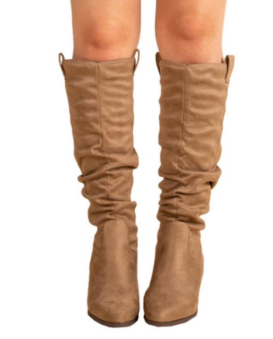 TAUPE ROUCHED KNEE HIGH BOOT