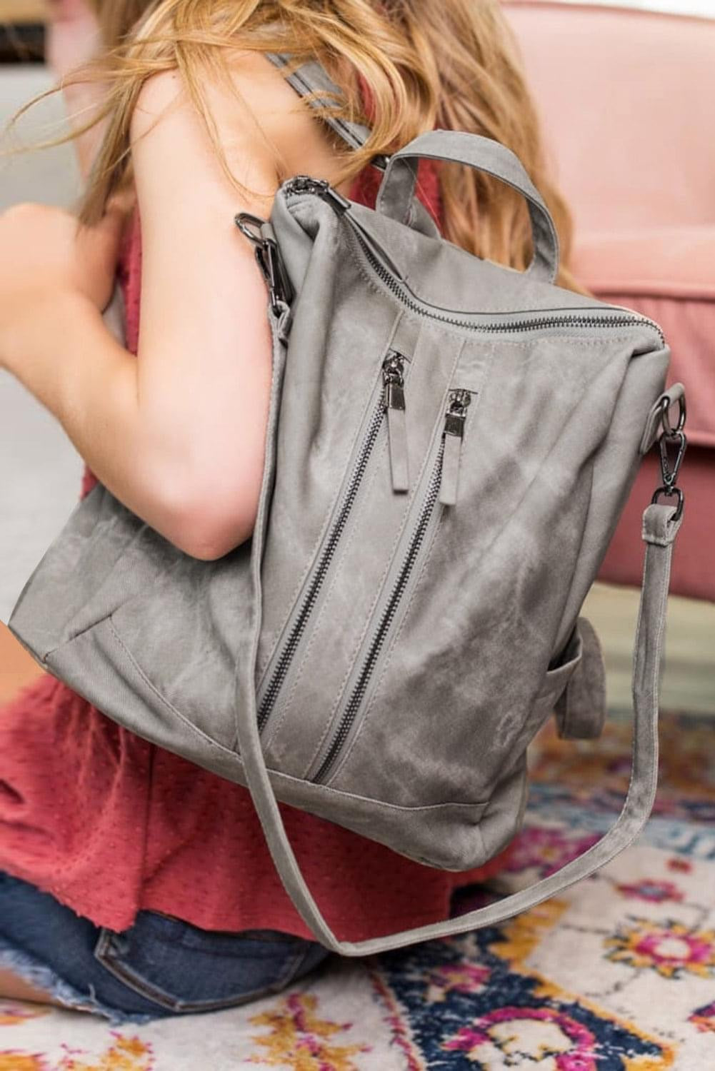 GREY DOUBLE ZIPPER BACKPACK PURSE